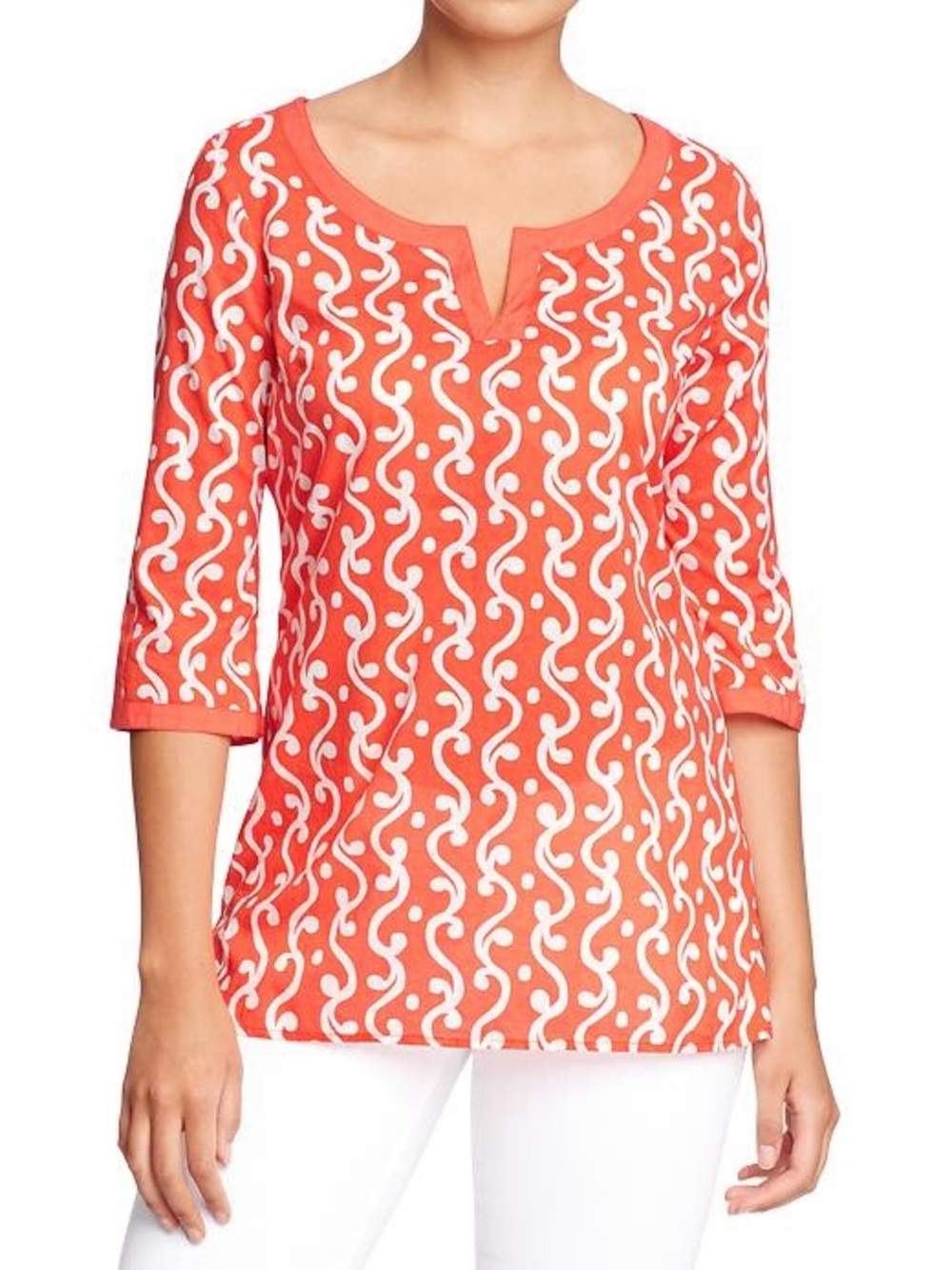 Old Navy Split Neck 3/4 Sleeve Patterned Tunic Top in Orange